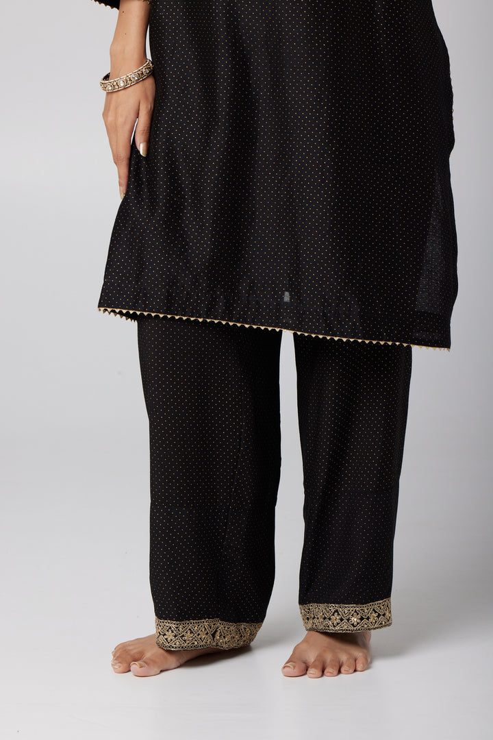 black silk chanderi embroidered and gold printed kurta with cotton silk pant and chanderi mull dupatta