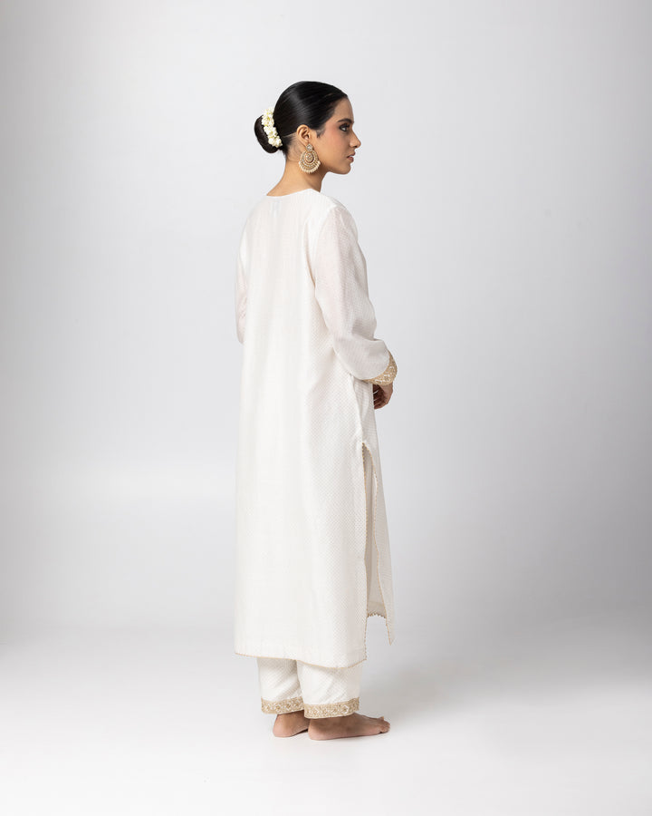 white silk chanderi embroidered and printed kurta with cotton silk pant and chanderi mull dupatta