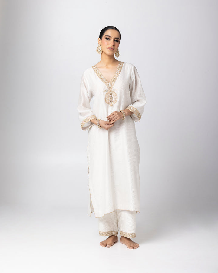 white silk chanderi embroidered and printed kurta with cotton silk pant