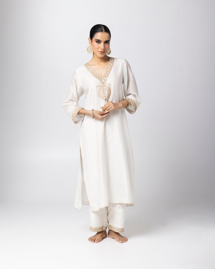 white silk chanderi embroidered and printed kurta with cotton silk pant and chanderi mull dupatta