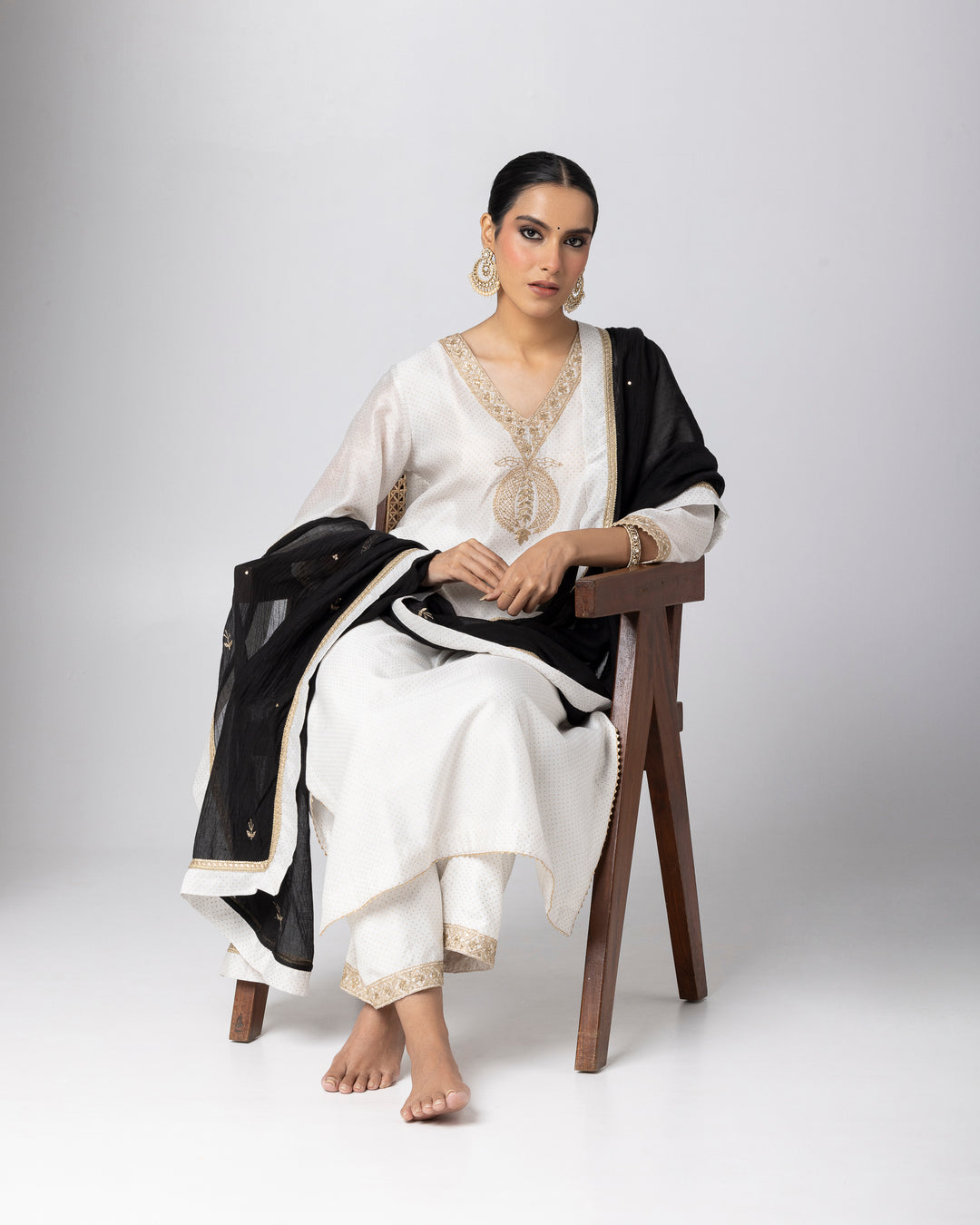 white silk chanderi embroidered and printed kurta with cotton silk pant and chanderi mull dupatta