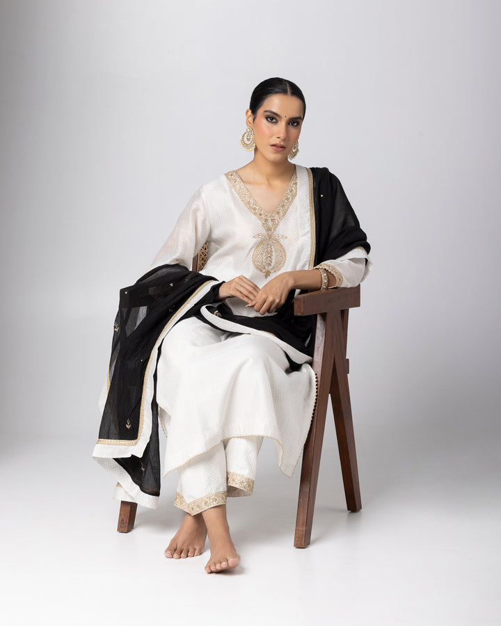 white silk chanderi embroidered and printed kurta with cotton silk pant and chanderi mull dupatta
