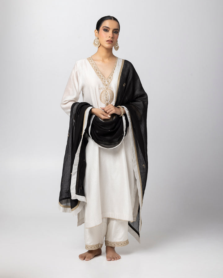 white silk chanderi embroidered and printed kurta with cotton silk pant and chanderi mull dupatta