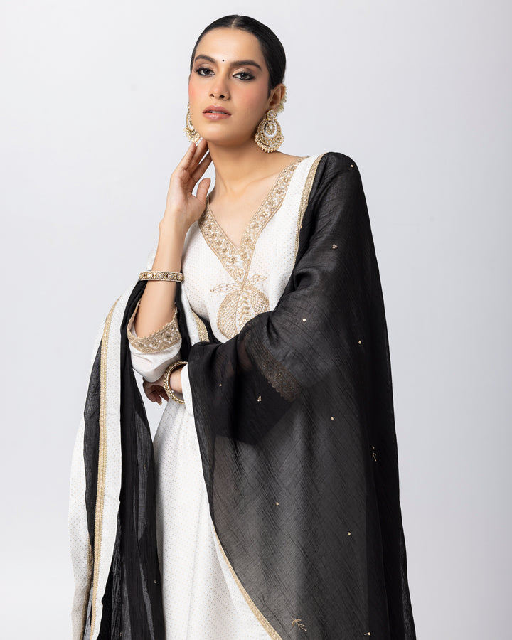 white silk chanderi embroidered and printed kurta with cotton silk pant and chanderi mull dupatta