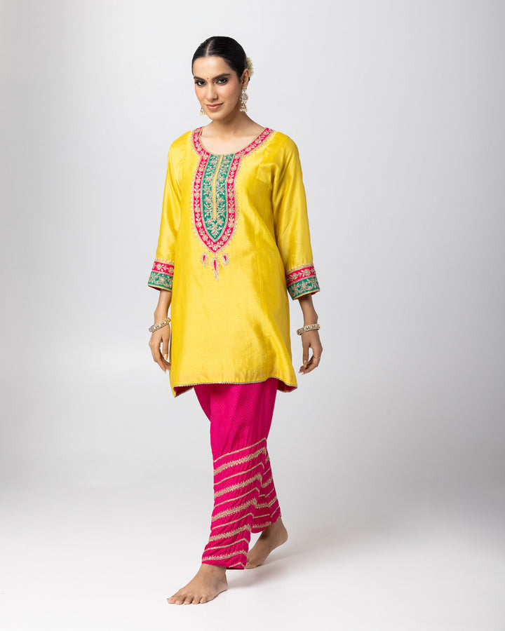 bright yellow silk chanderi short kurta with cotton silk pant and chanderi mull dupatta