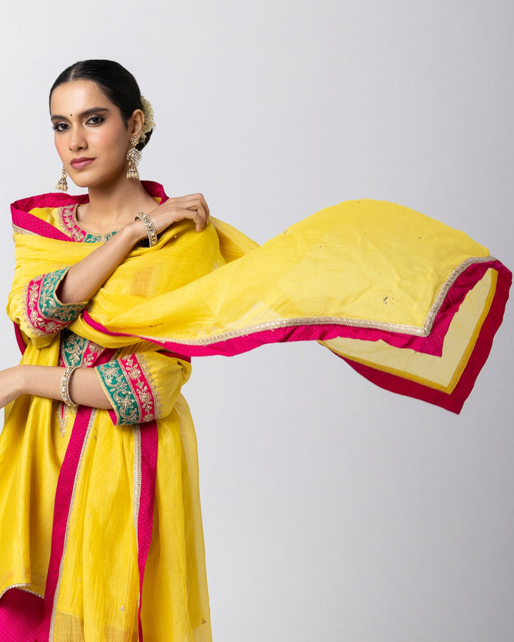 bright yellow chanderi mull embroidered dupatta