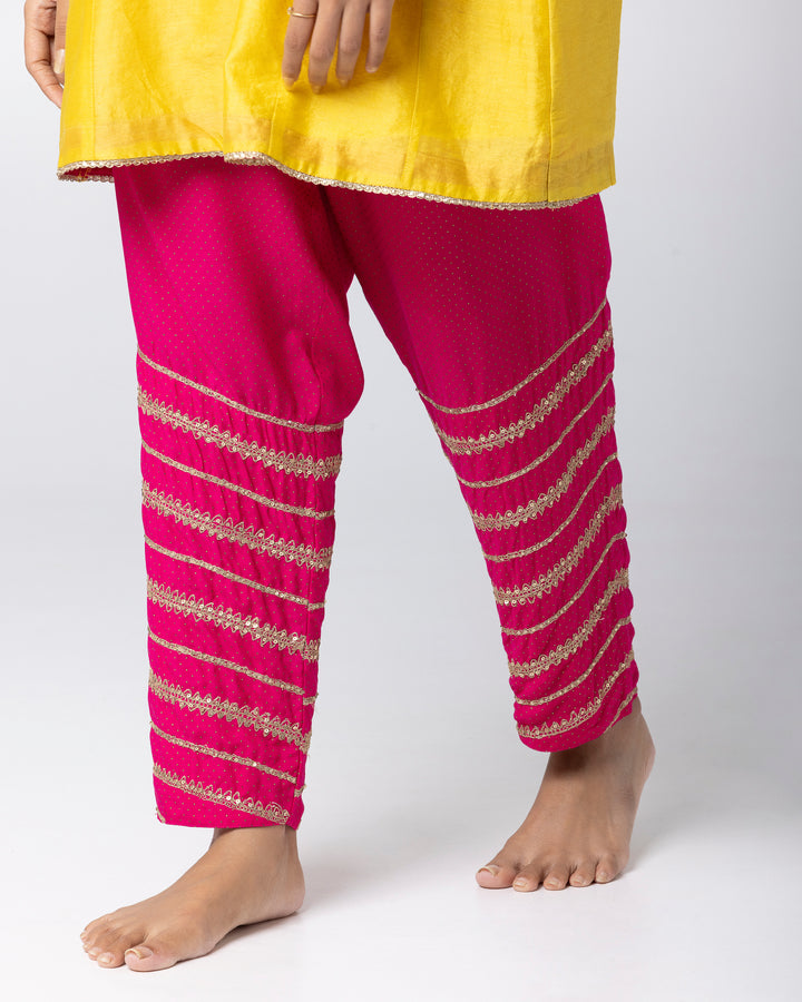 bright yellow silk chanderi short kurta with cotton silk pant and chanderi mull dupatta