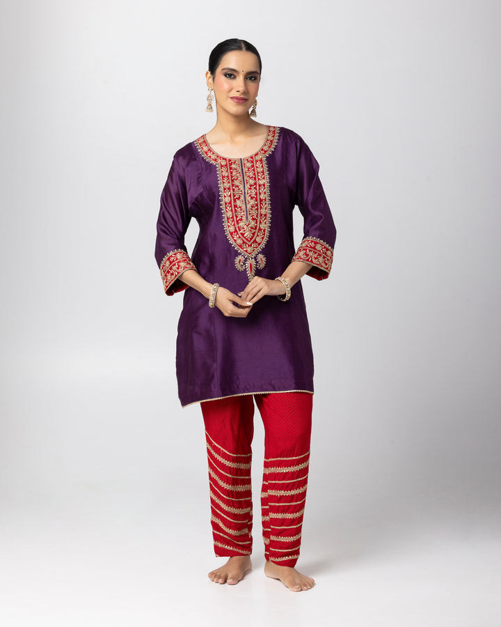 purple silk chanderi short kurta with cotton silk salwar and chanderi mull dupatta