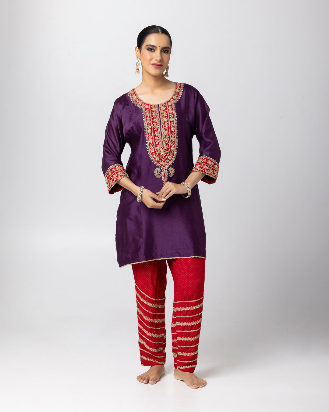 red printed cotton silk embroidered salwar