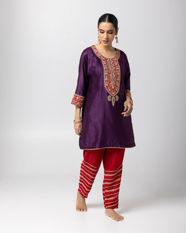 purple silk chanderi short kurta with cotton silk salwar and chanderi mull dupatta