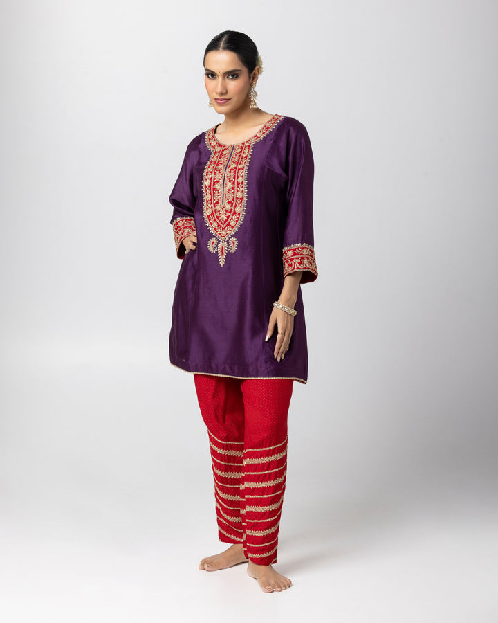 purple silk chanderi short kurta with cotton silk salwar and chanderi mull dupatta