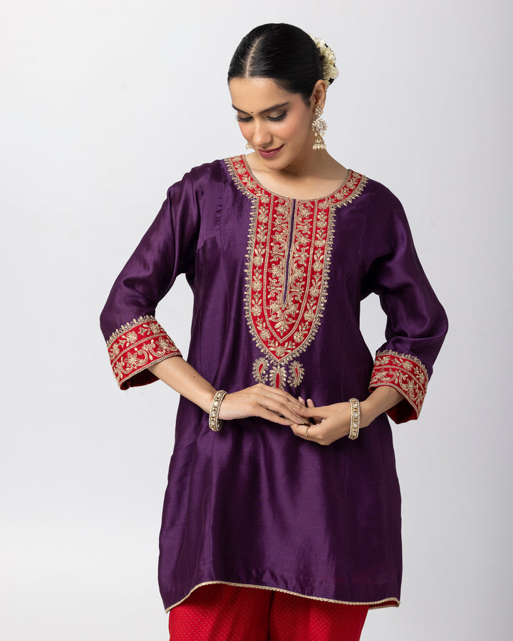 purple silk chanderi short kurta with cotton silk salwar and chanderi mull dupatta