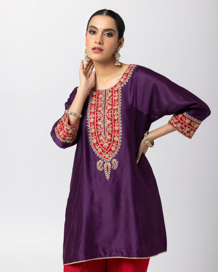 purple silk chanderi short kurta with cotton silk salwar and chanderi mull dupatta