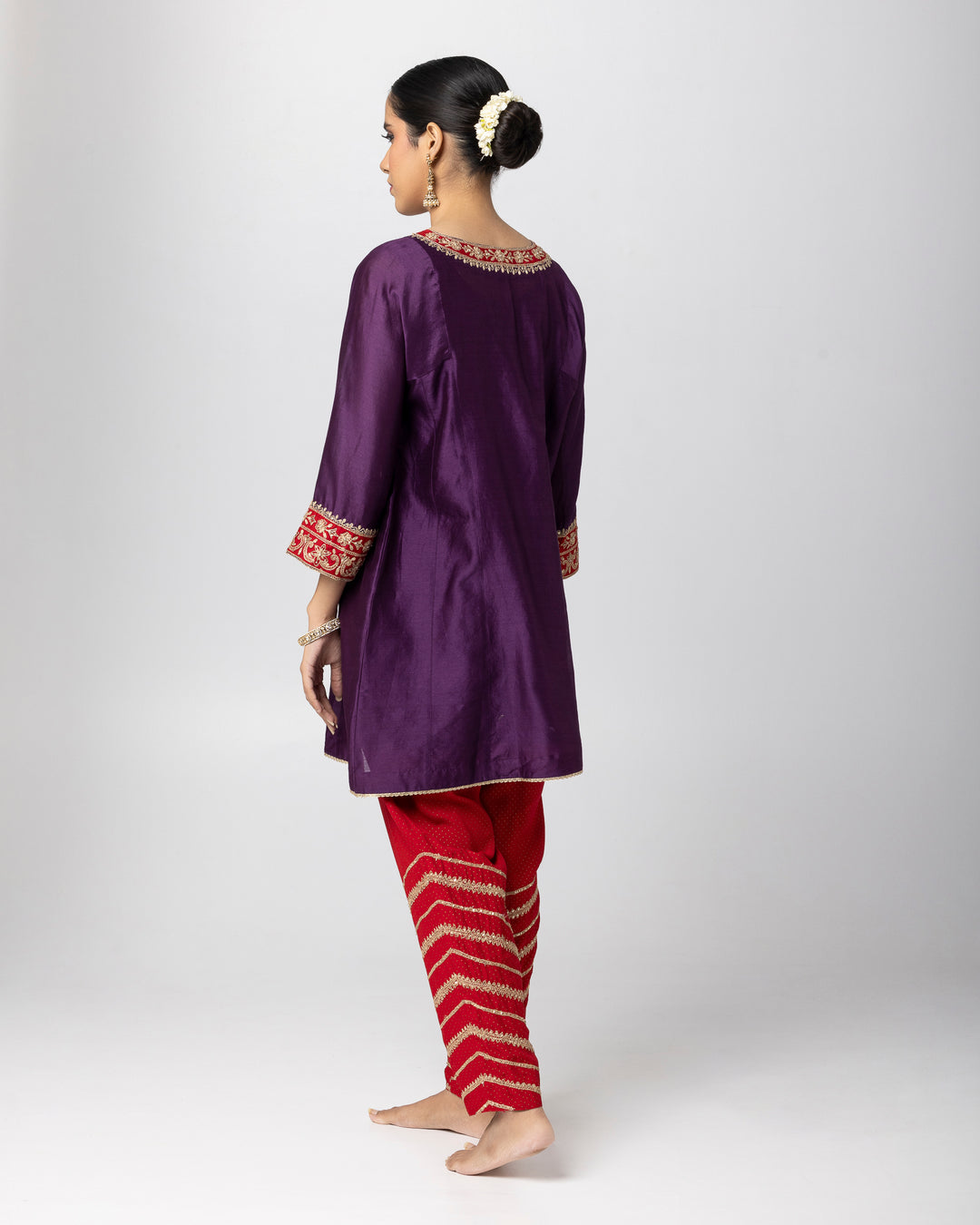 purple silk chanderi short kurta with cotton silk salwar and chanderi mull dupatta