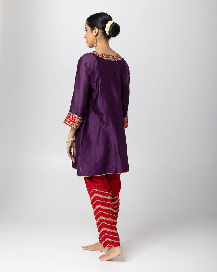 purple silk chanderi short kurta with cotton silk salwar