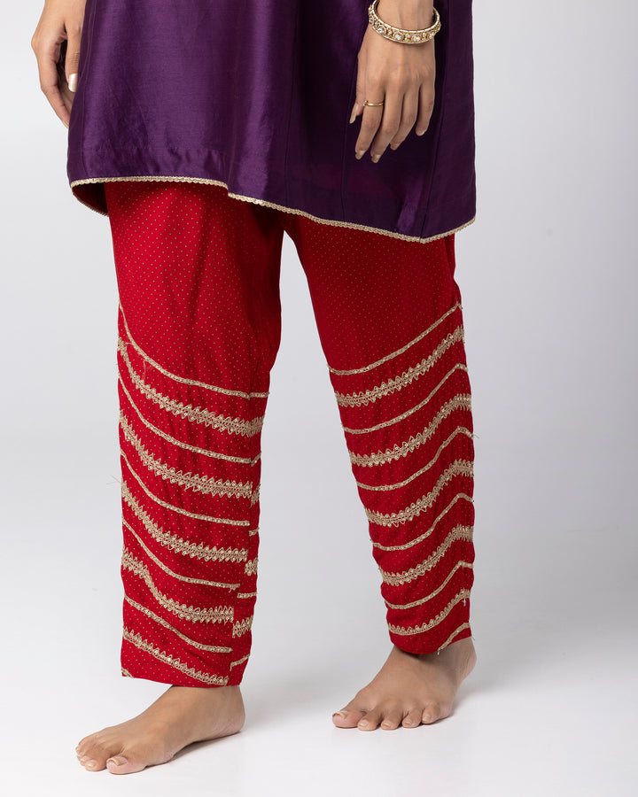 purple silk chanderi short kurta with cotton silk salwar and chanderi mull dupatta