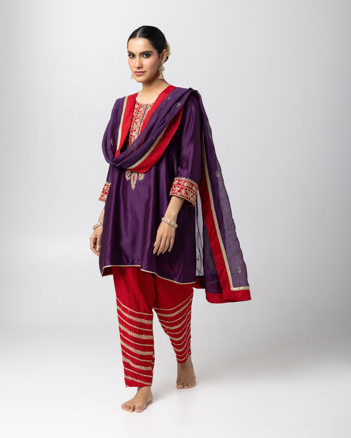 purple silk chanderi short kurta with cotton silk salwar and chanderi mull dupatta