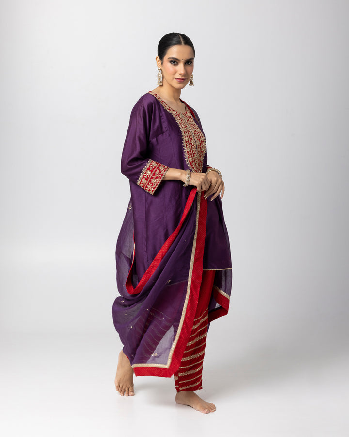 purple silk chanderi short kurta with cotton silk salwar and chanderi mull dupatta
