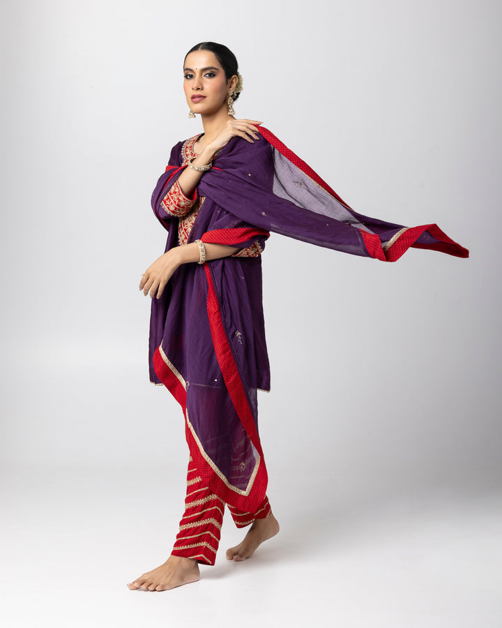 purple silk chanderi short kurta with cotton silk salwar and chanderi mull dupatta