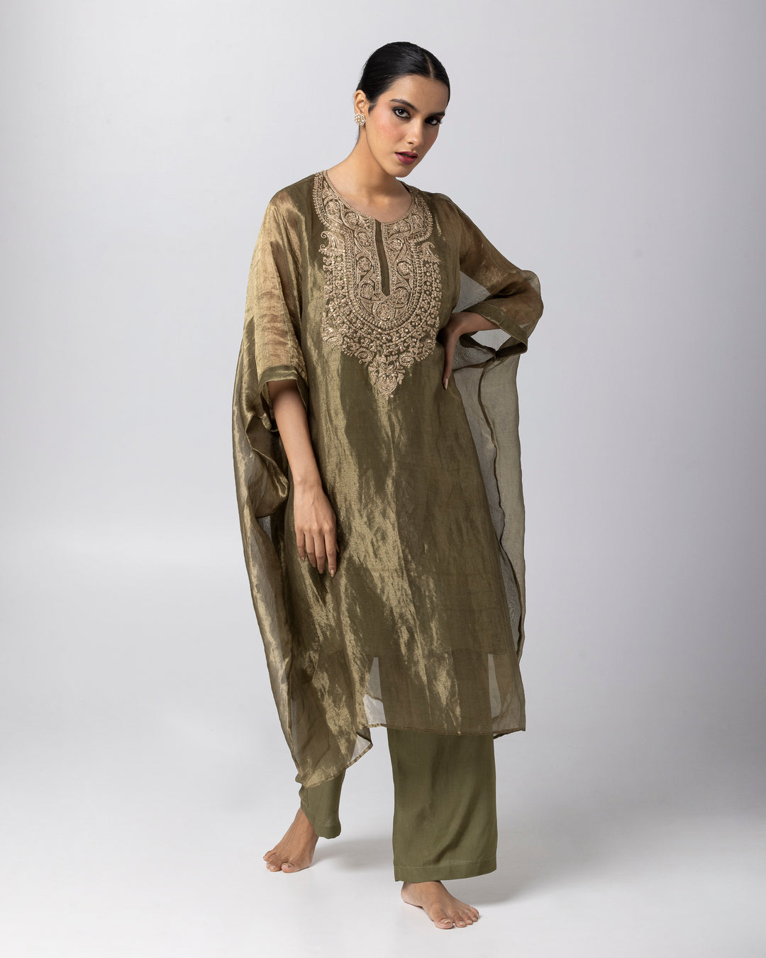 olive green tissue zari embroidered kaftan