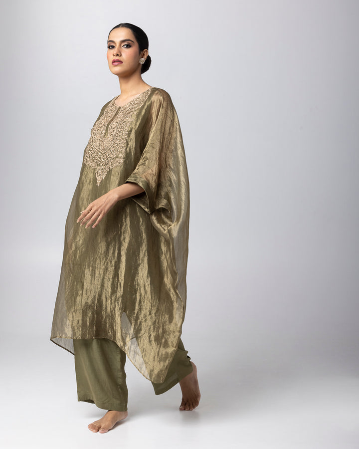 olive green tissue zari embroidered kaftan