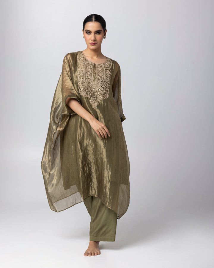 olive green tissue zari embroidered kaftan