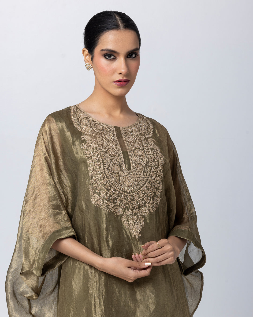 olive green tissue zari embroidered kaftan with cotton silk pant