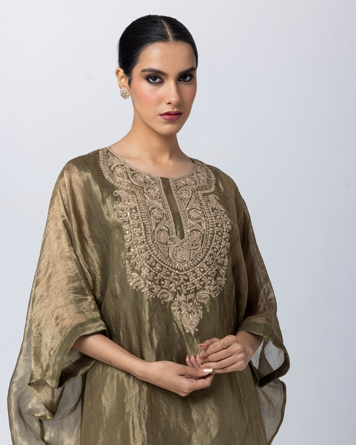 olive green tissue zari embroidered kaftan