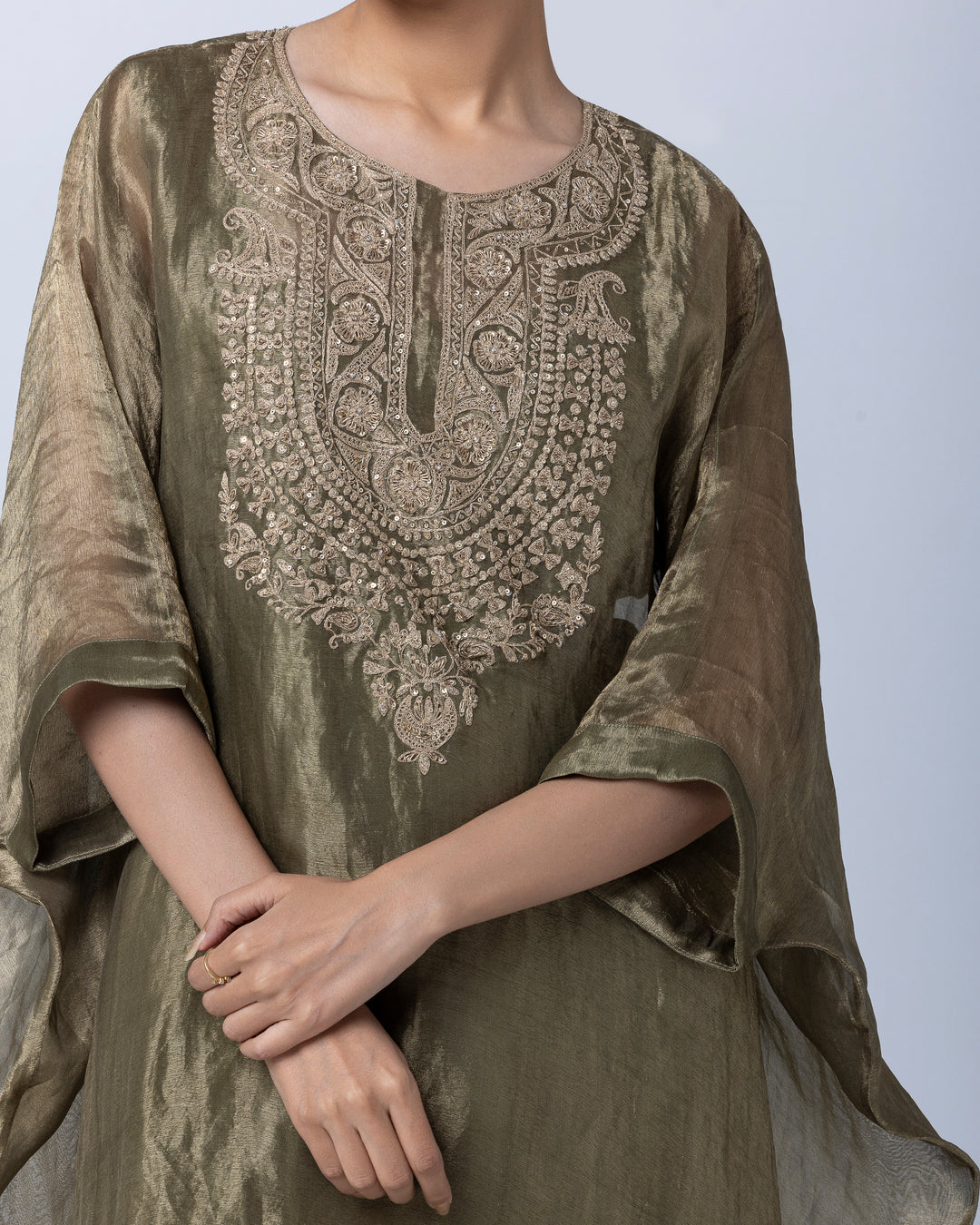 olive green tissue zari embroidered kaftan with cotton silk pant