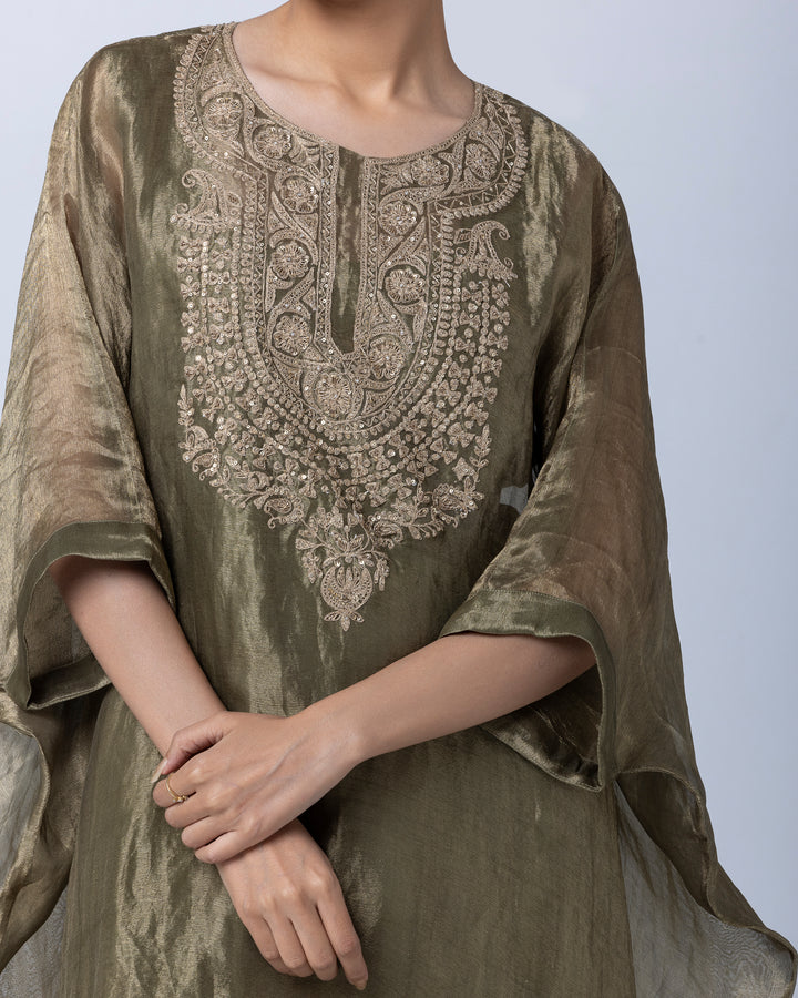 olive green tissue zari embroidered kaftan
