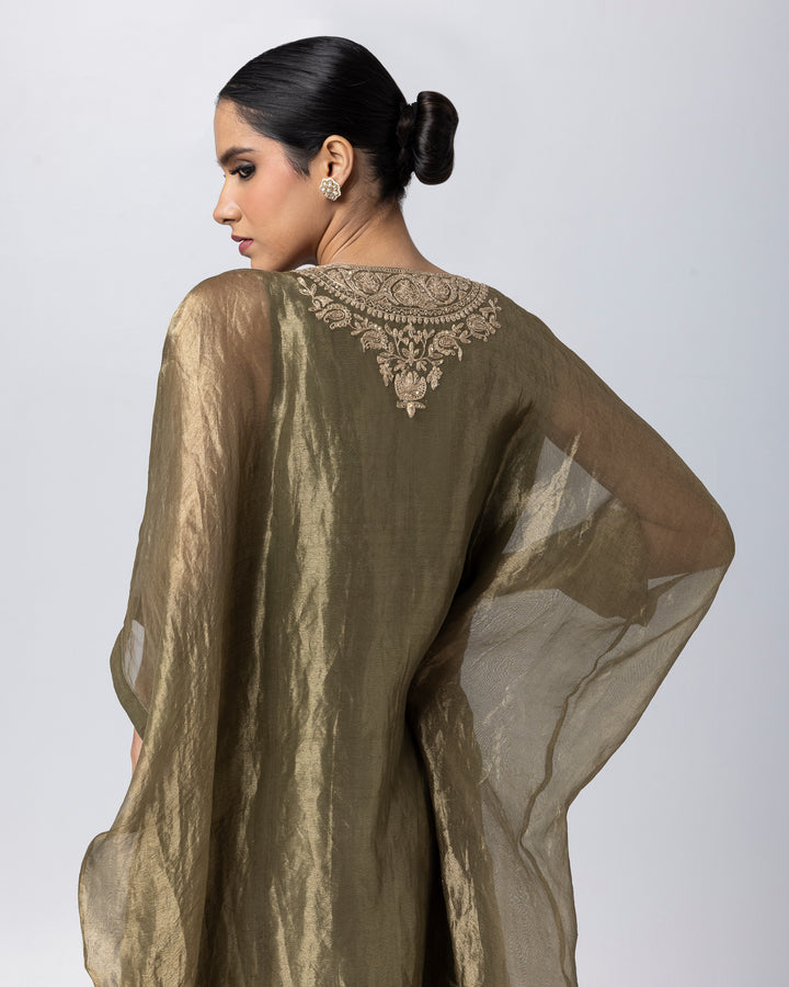 olive green tissue zari embroidered kaftan