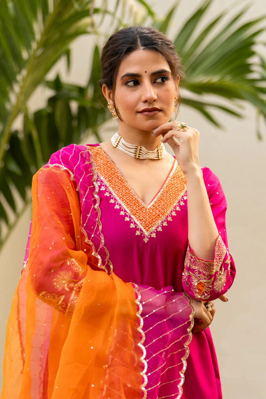 Pink Aari Sequinns Straight Kurta Set