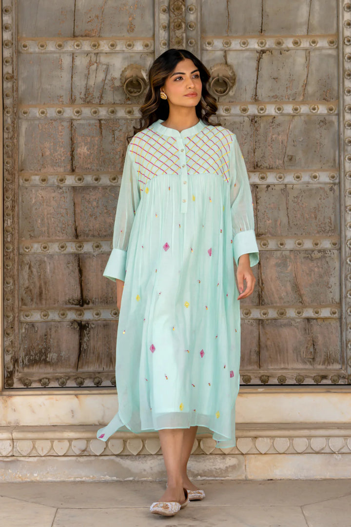 Paste Blue Gathered Dress