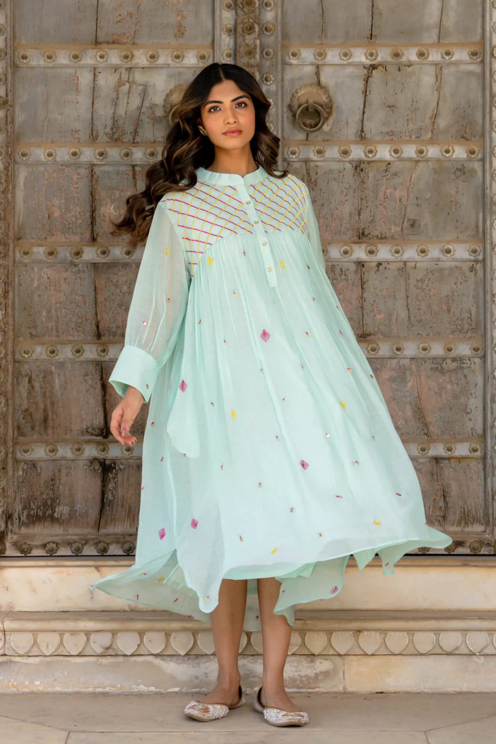 Paste Blue Gathered Dress