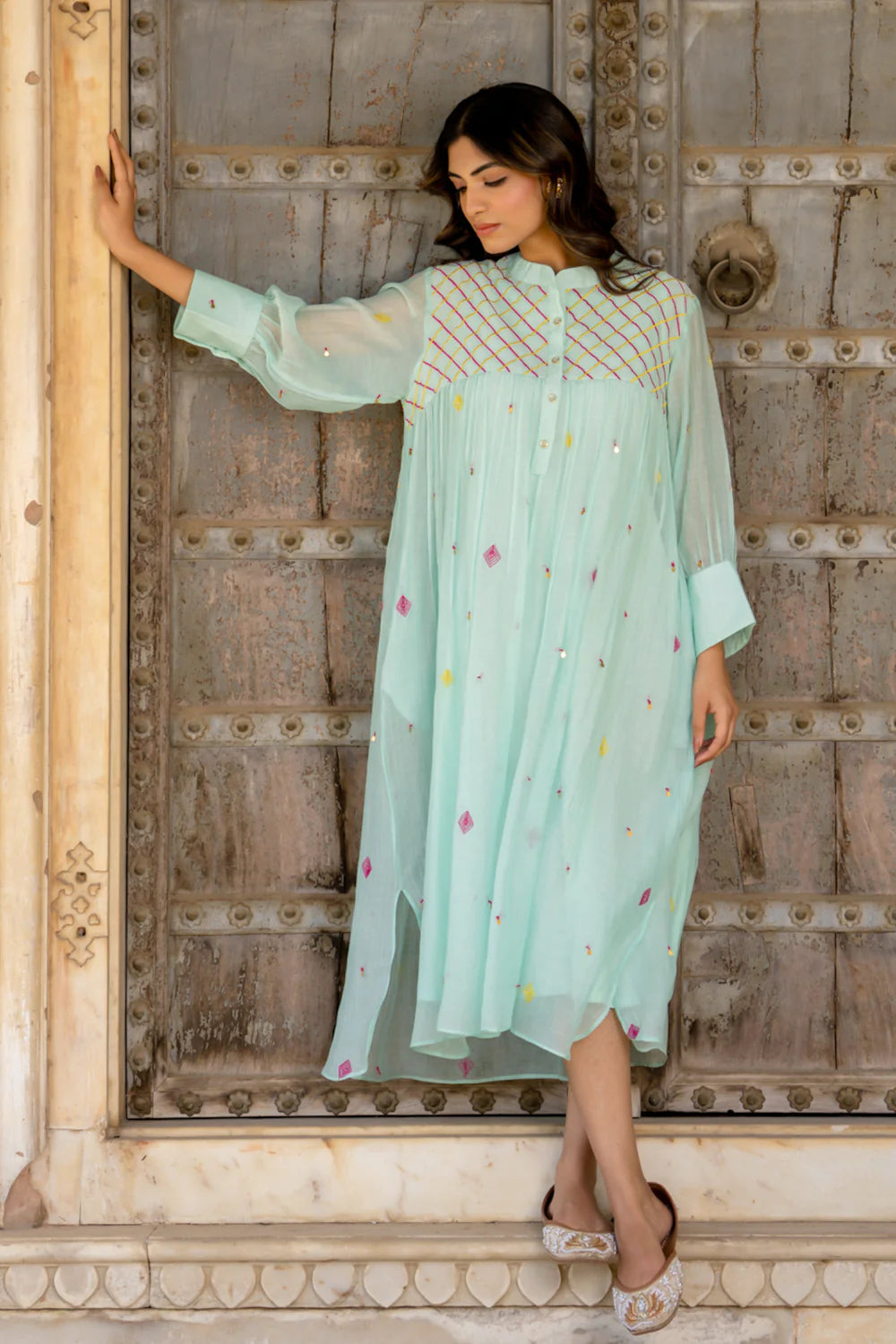 Paste Blue Gathered Dress