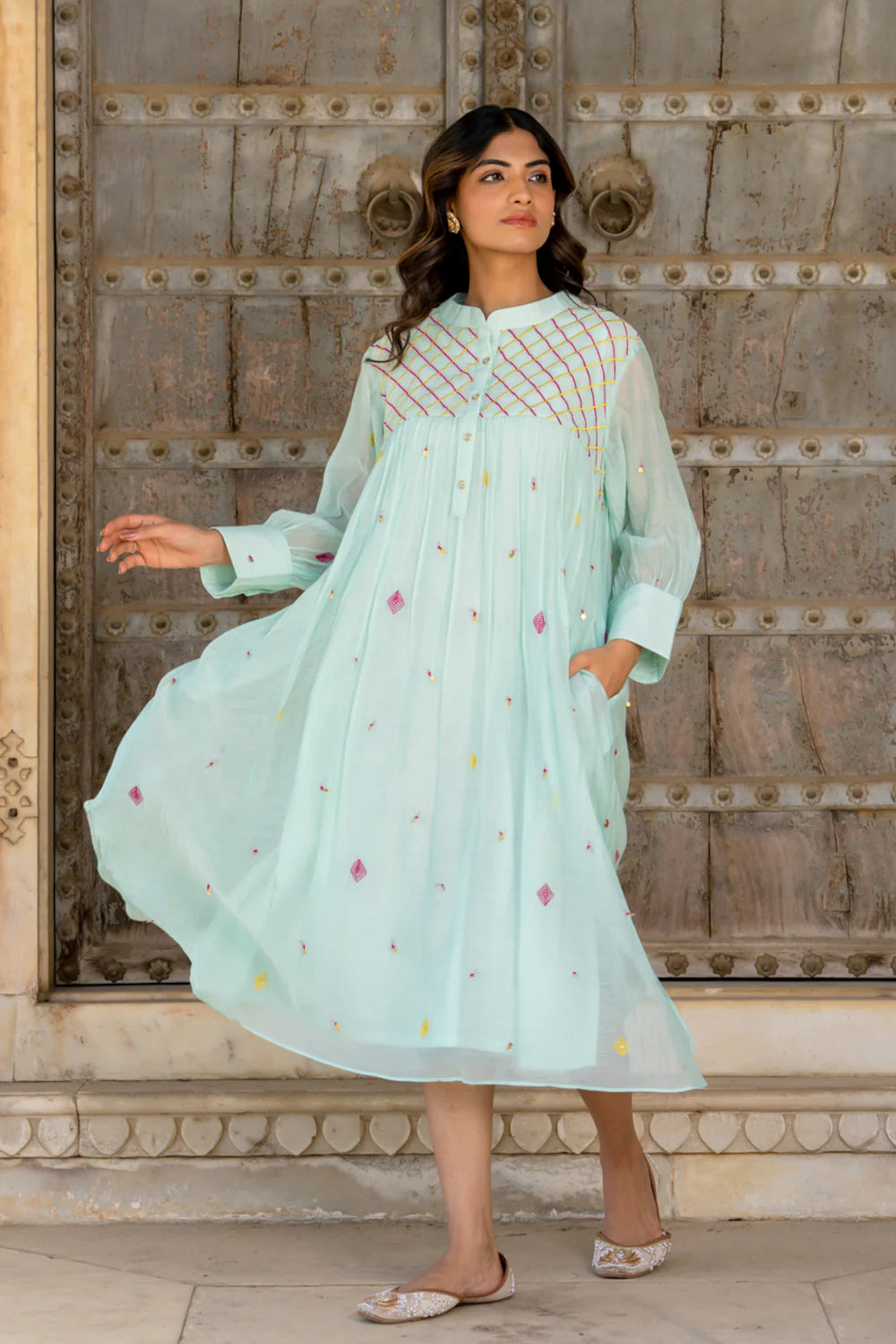 Paste Blue Gathered Dress