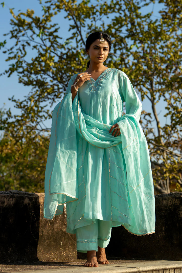 Pastel Blue Gota Patti A-line Kurta Set