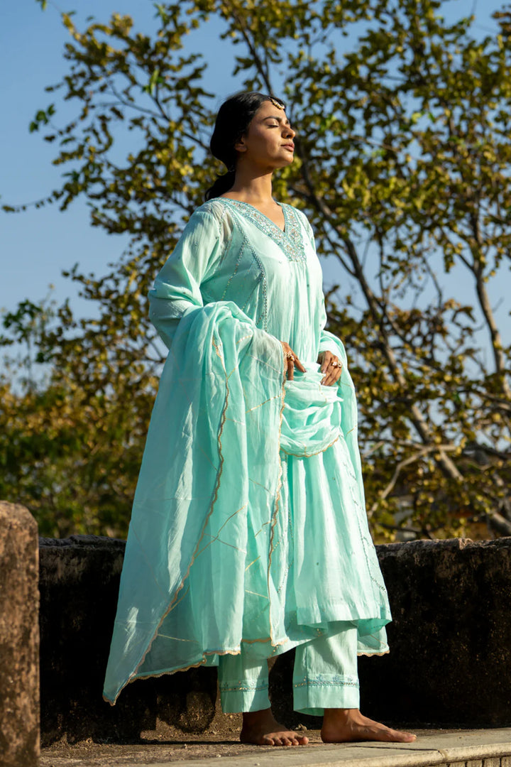 Pastel Blue Gota Patti A-line Kurta Set