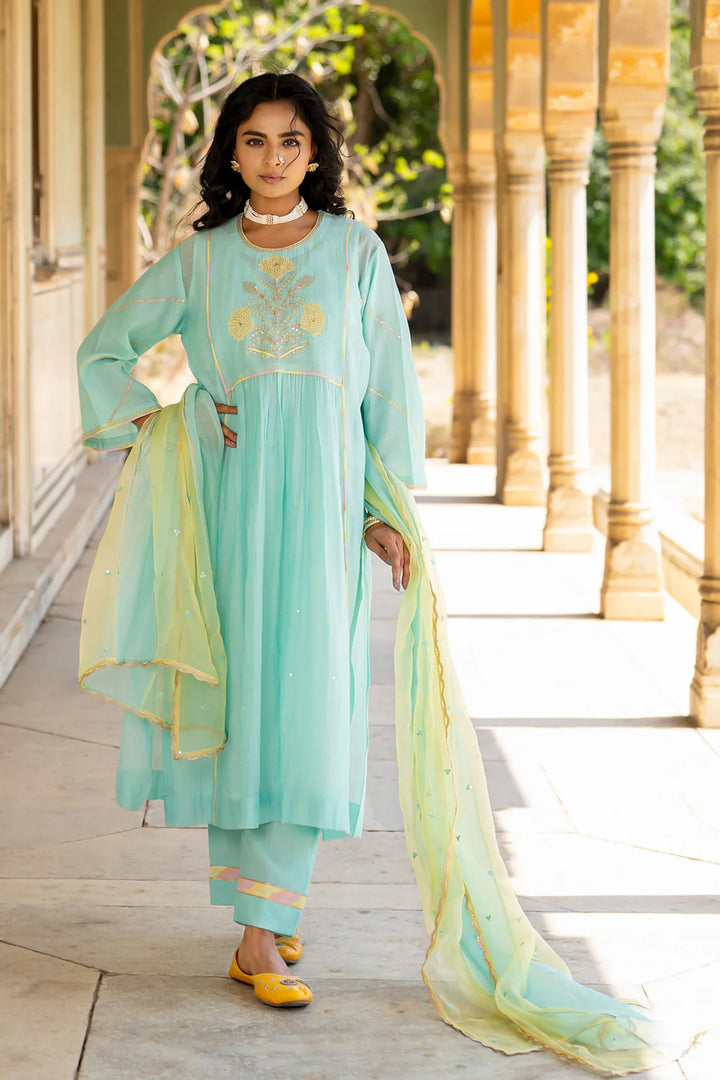 Pastel Blue Poppy Motif Boota A-line Kurta Set