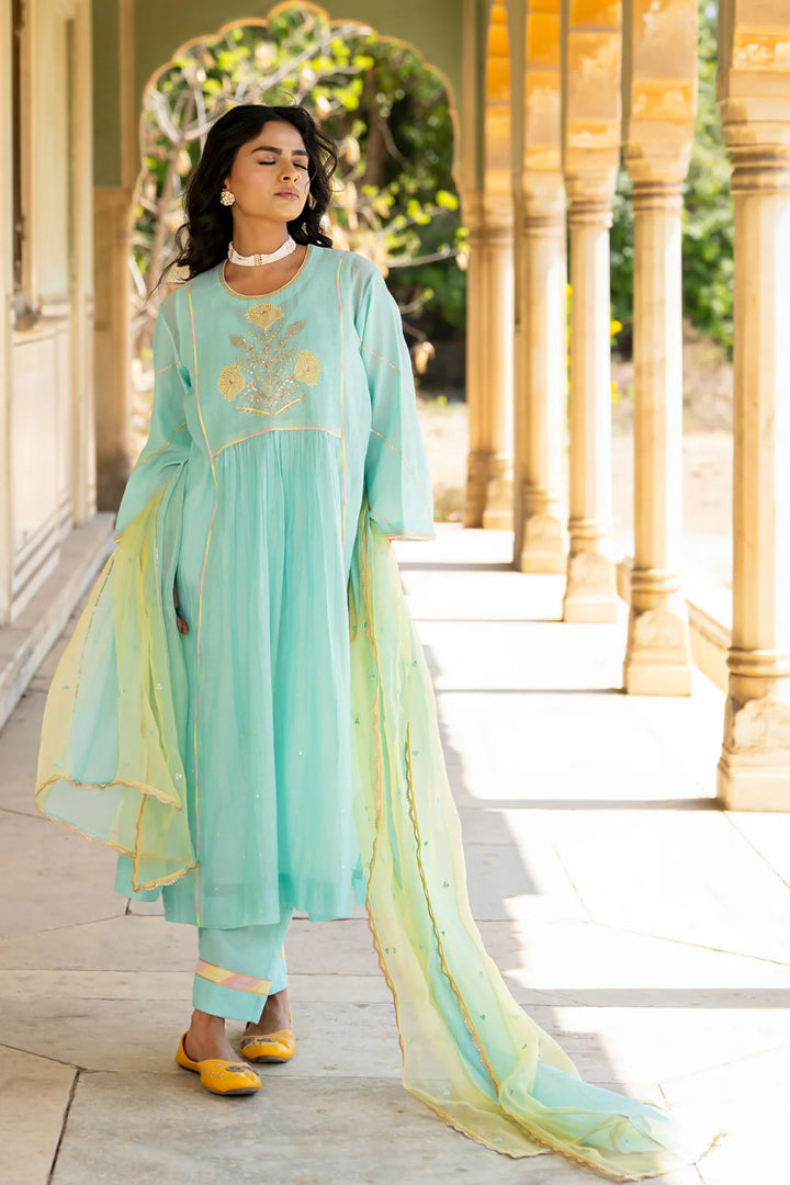 Pastel Blue Poppy Motif Boota A-line Kurta Set