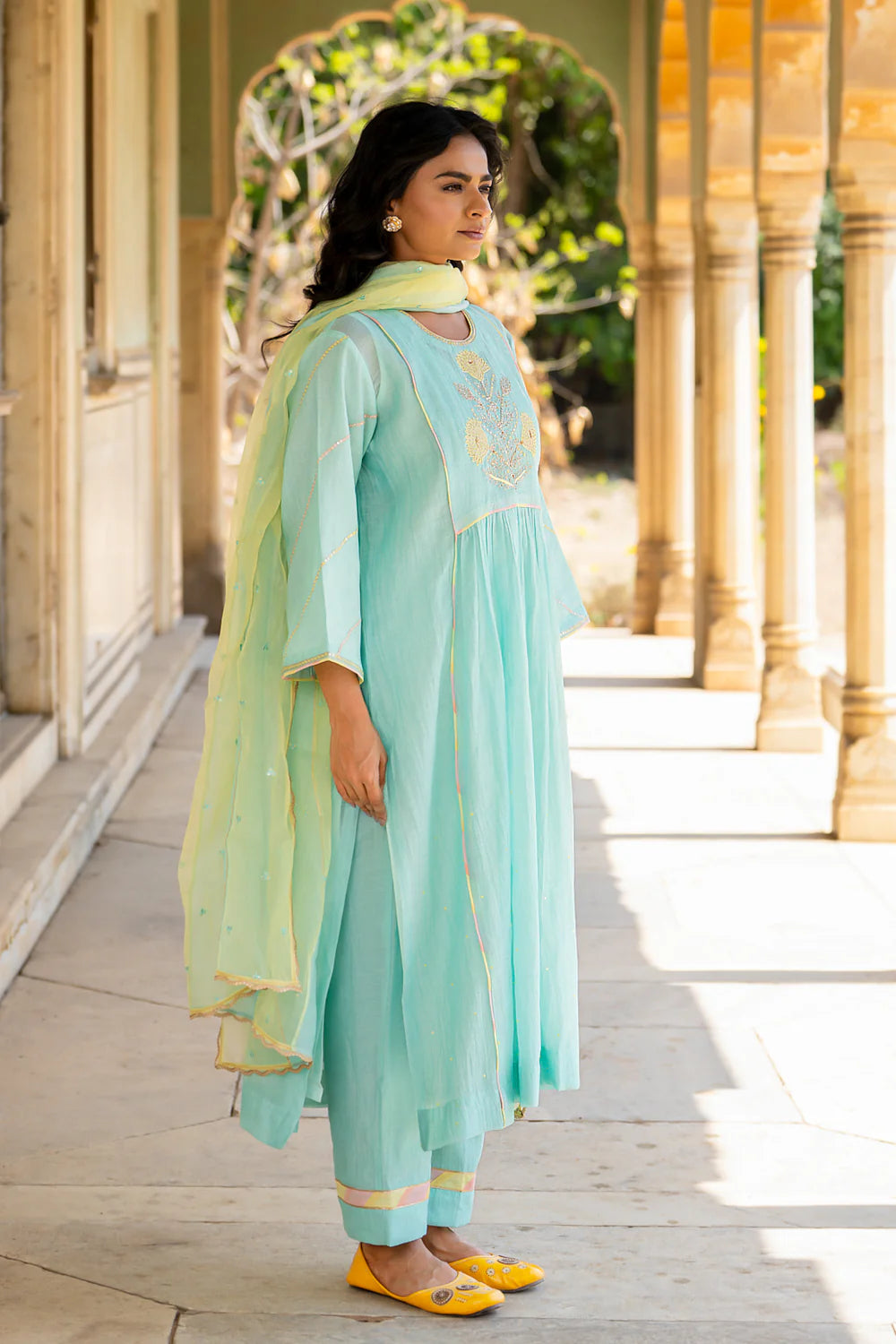 Pastel Blue Poppy Motif Boota A-line Kurta Set