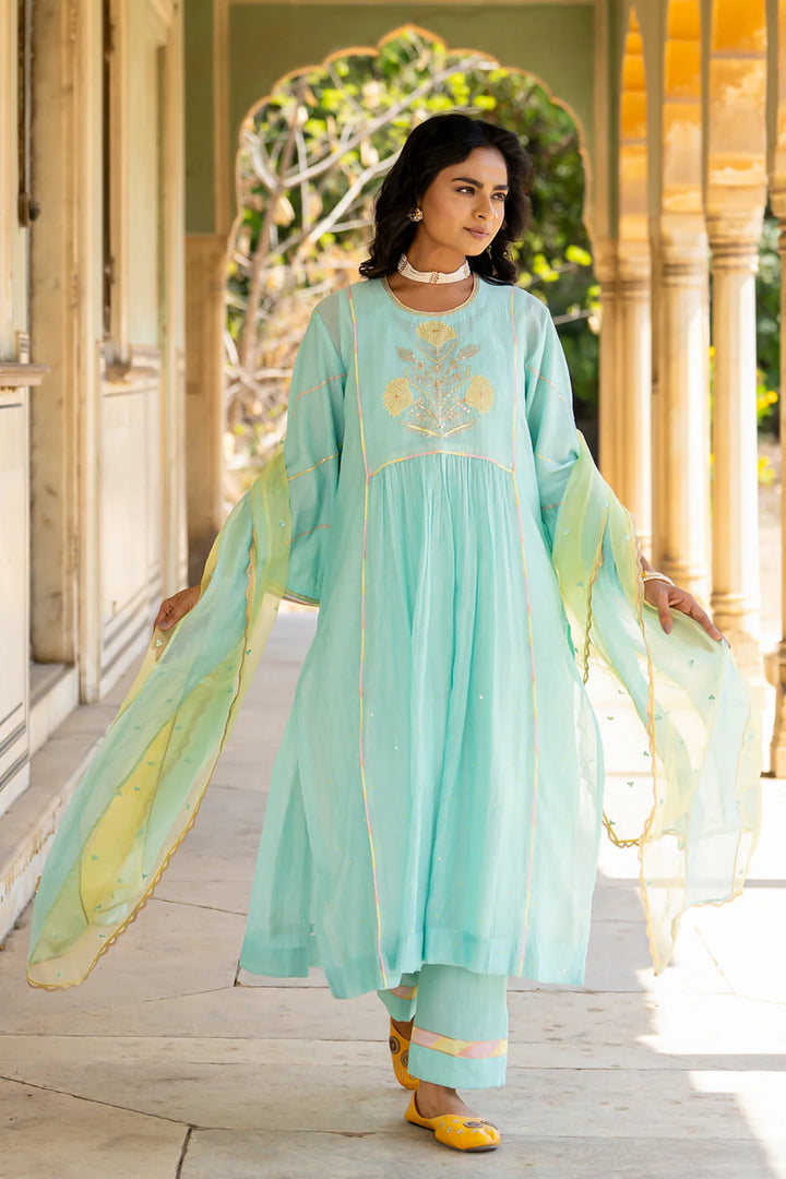 Pastel Blue Poppy Motif Boota A-line Kurta Set