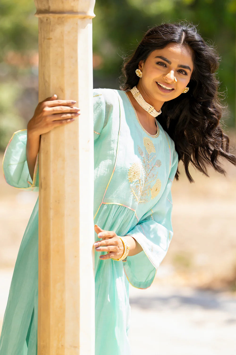 Pastel Blue Poppy Motif Boota A-line Kurta Set