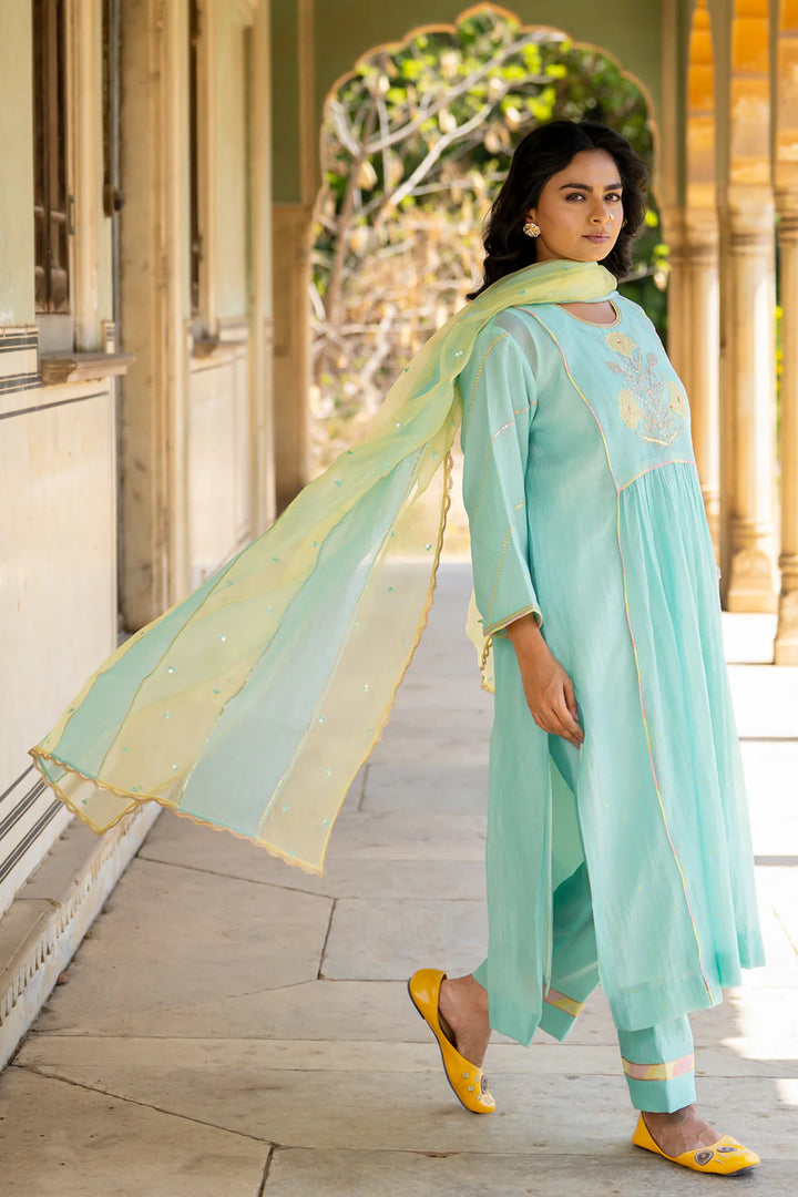 Pastel Blue Poppy Motif Boota A-line Kurta Set