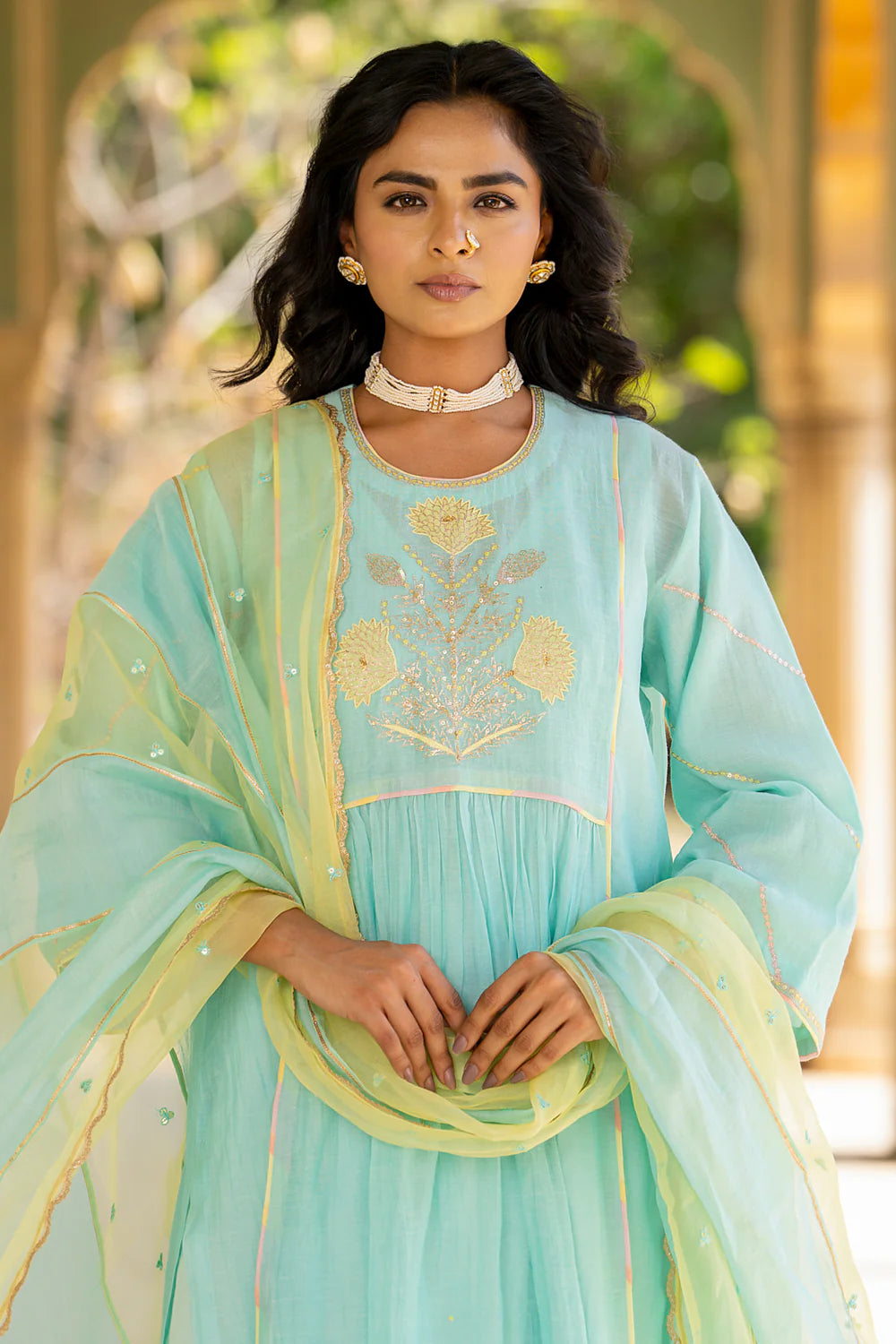 Pastel Blue Poppy Motif Boota A-line Kurta Set