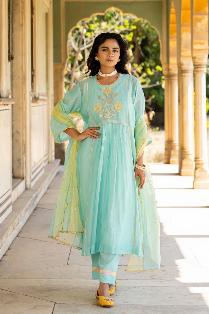 Pastel Blue Poppy Motif Boota A-line Kurta Set