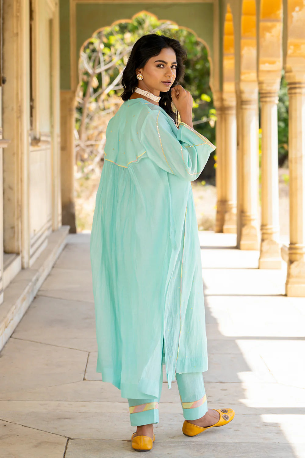 Pastel Blue Poppy Motif Boota A-line Kurta Set