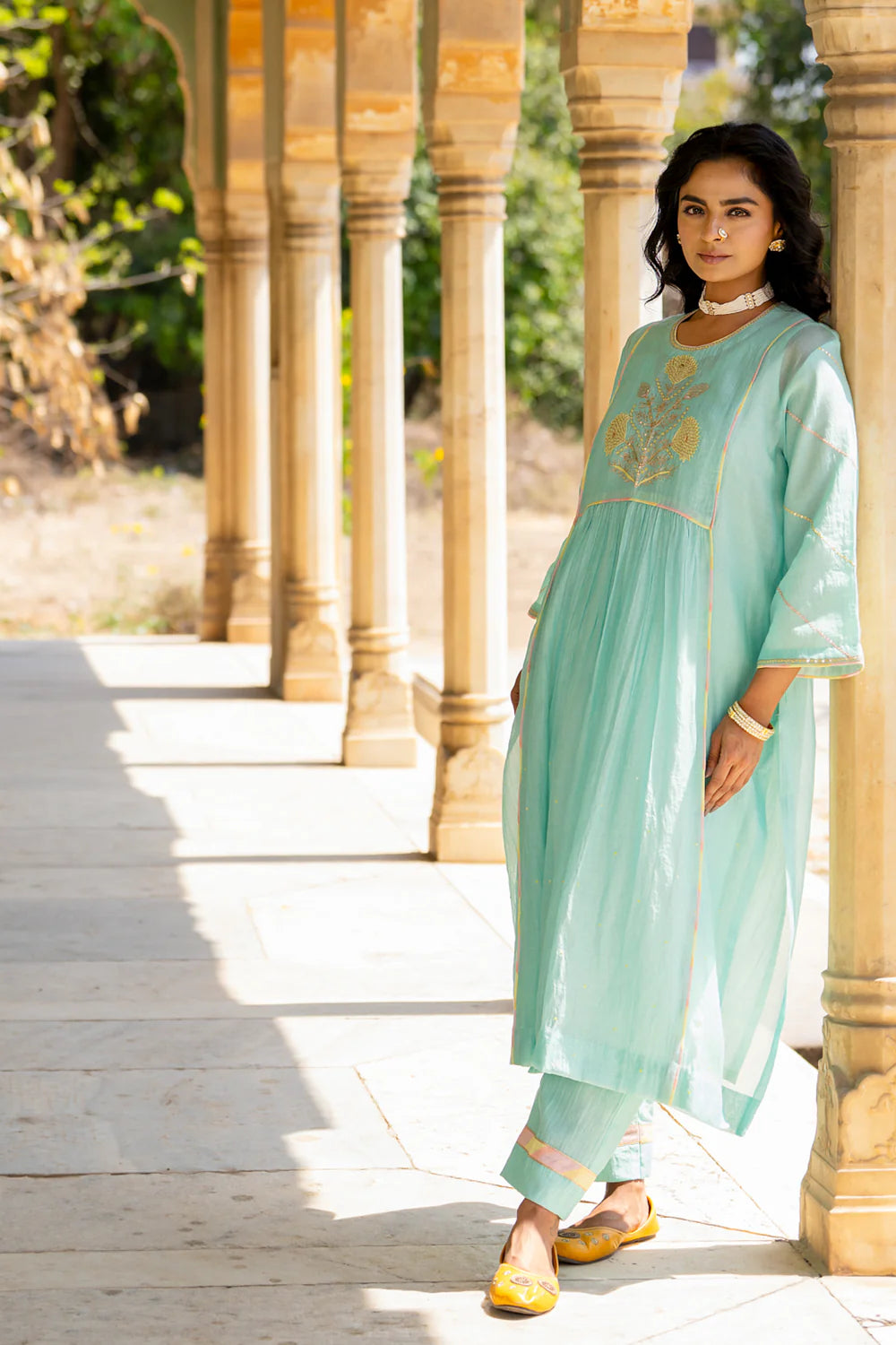 Pastel Blue Poppy Motif Boota A-line Kurta Set