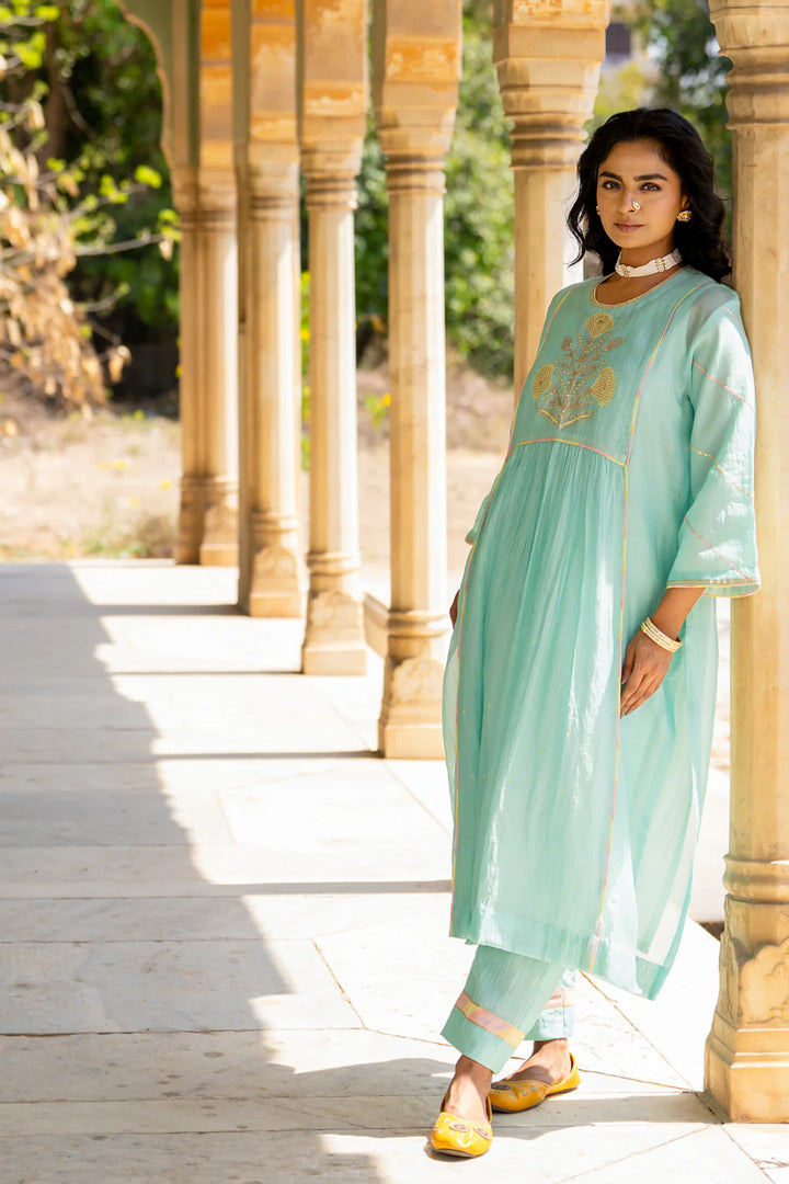 Pastel Blue Poppy Motif Boota A-line Kurta Set
