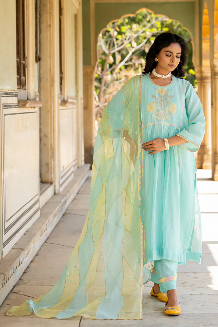 Pastel Blue Poppy Motif Boota A-line Kurta Set